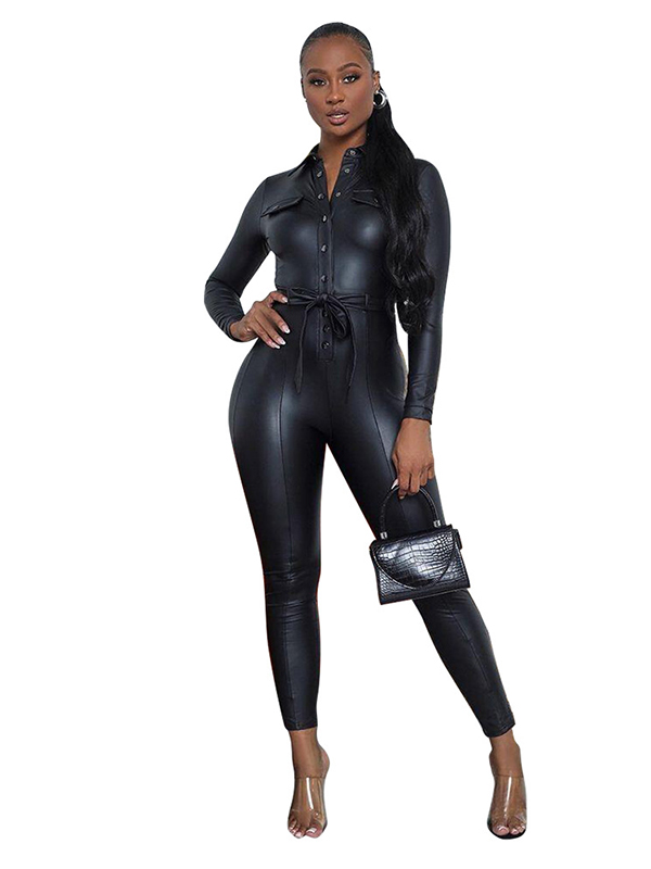 Women Long Sleeve Vinly Jumpsuit