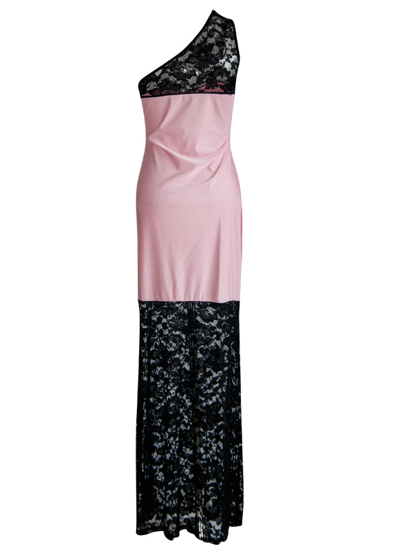 Pink Lace Detail One Shoulder Side Slit Maxi Dress