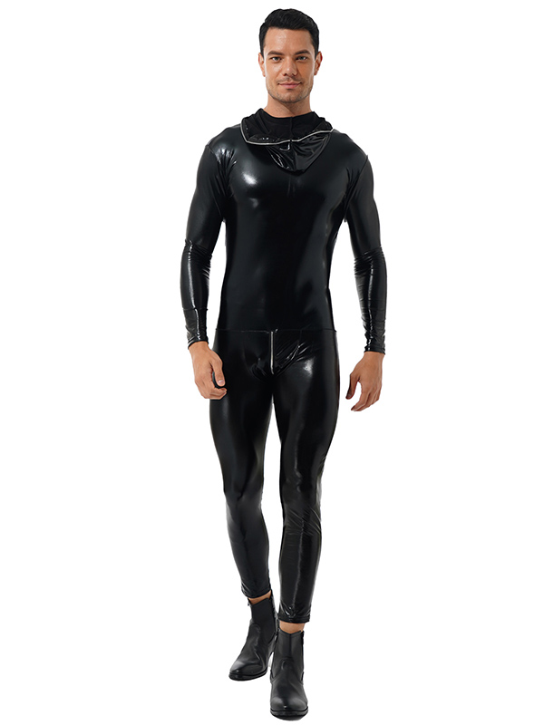 Men Latex Catsuit Wet Look Shiny Patent Leather Hooded Bodysuit Zipper Skinny Jumpsuits Nightclub Halloween Role Play Co