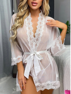 Women White Lace Transparent Short Gown
