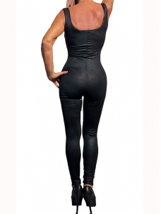 Black Leather Spaghetti Strap Cupless Slinky Bandage LINGERIE
