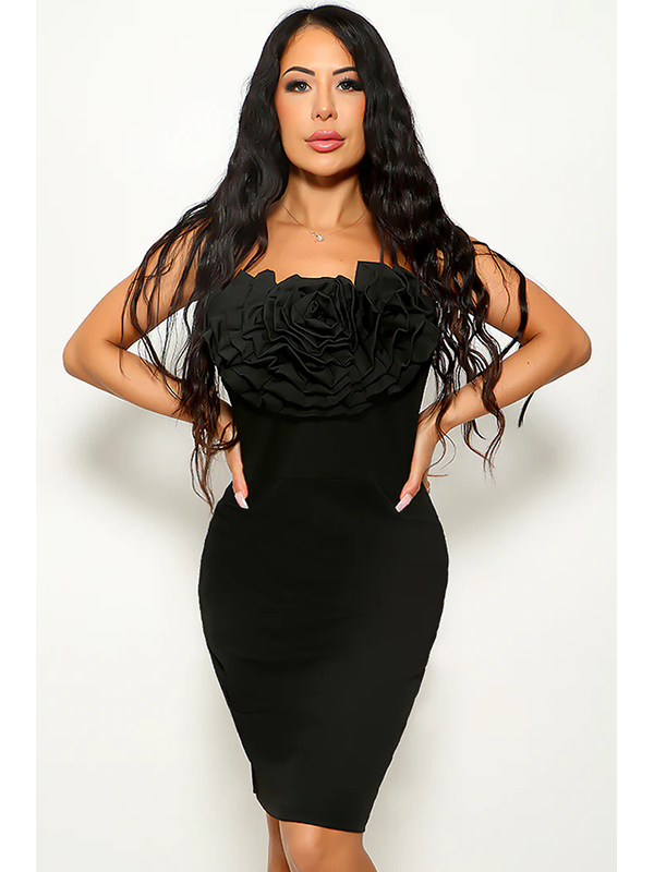 Women Fashion Flower Appliques Strapless Bodycon Midi Dress