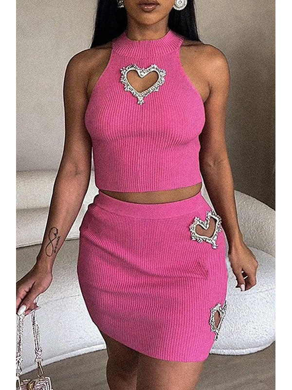 Women Heart Cutout Rhinestone Decor Sleeveless Top & Mini Bodycon Skirts Sets