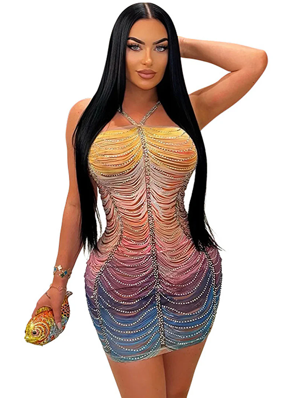 Women Luxury Rhinestone Halter Spaghetti Strap Mini Dress