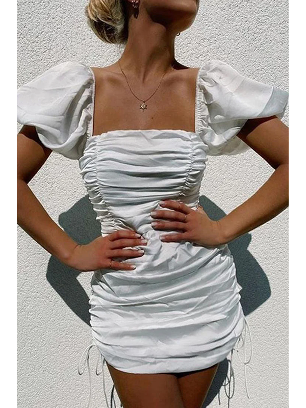 Women Mini Puff Sleeve Pleated Bodycon Dress