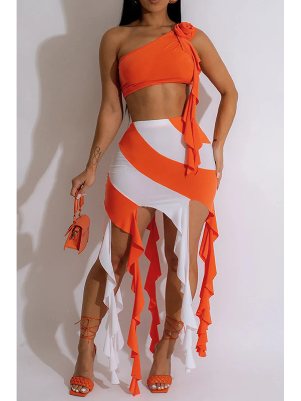 Women Patchwork Bodycon Midi Tassel Skirts Set