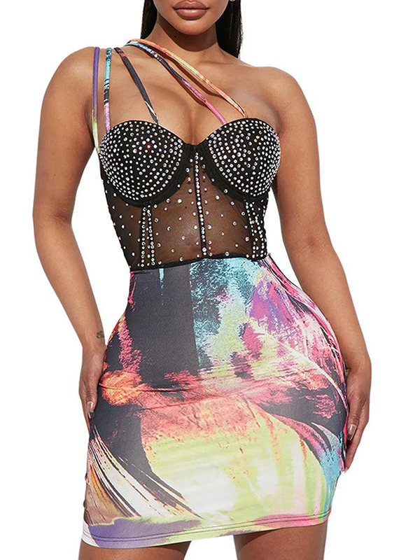 Women Rhinestones Print Patchwork Mesh See Though Dress