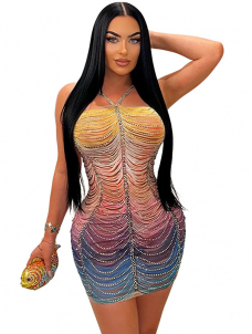 Women Luxury Rhinestone Halter Spaghetti Strap Mini Dress