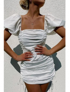Women Mini Puff Sleeve Pleated Bodycon Dress