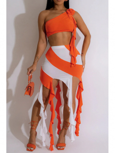 Women Patchwork Bodycon Midi Tassel Skirts Set