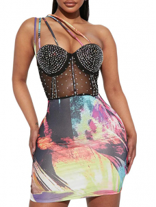 Women Rhinestones Print Patchwork Mesh See Though Dress