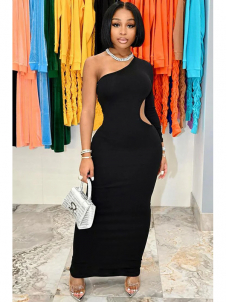 Women Solid Cut Out One Sleeve Maxi Dress