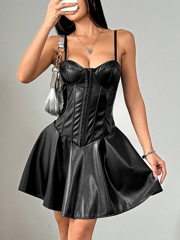 Women Sexy Faux Leather Bustier Mini Dress