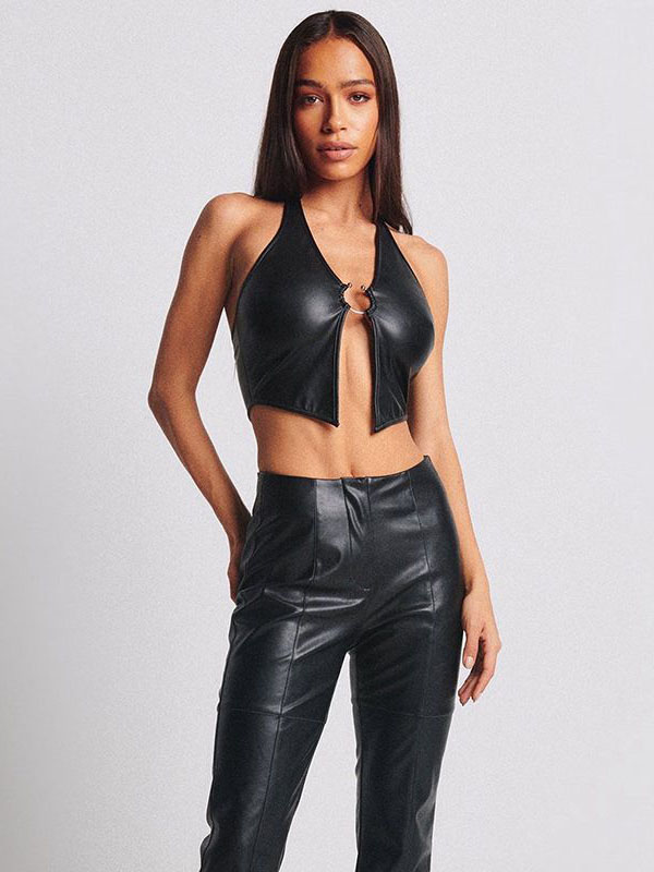 Women Sexy Faux Leather Halter Vest