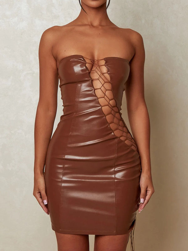 Women Sexy Faux Leather Lace Up Mini Dress
