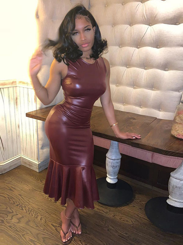 Women Sexy Faux Leather Maxi Dress