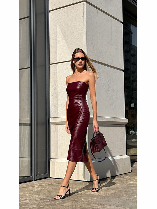 Women Sexy Faux Leather Off Shoulder Maxi Dress
