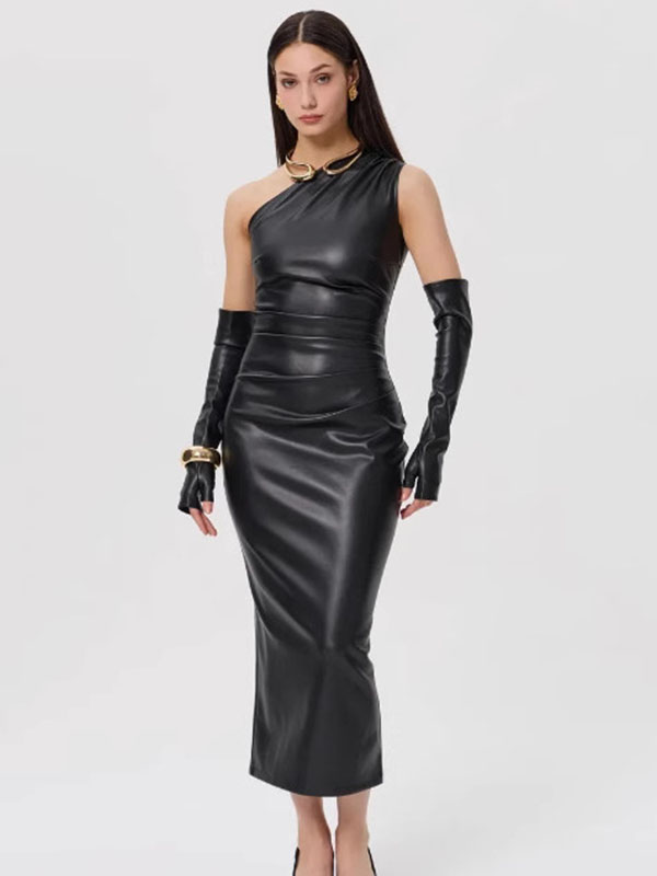 Women Sexy Faux Leather Off Shoulder Maxi Dress