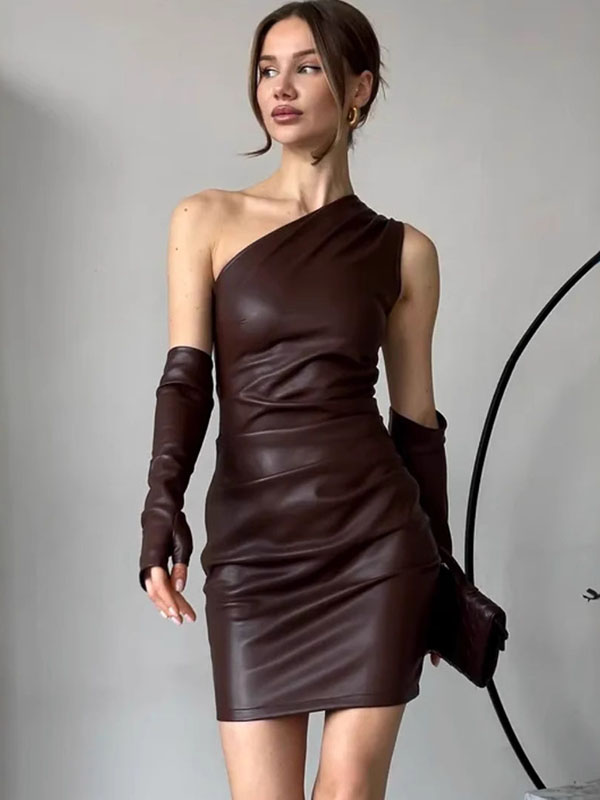 Women Sexy Faux Leather Off Shoulder Mini Dress