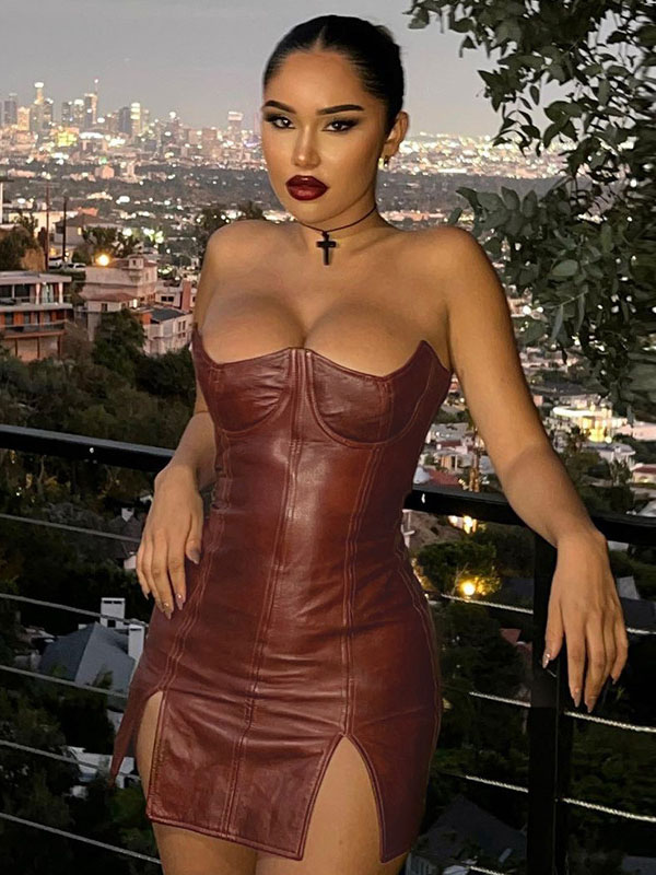 Women Sexy Faux Leather Off Shoulder Mini Dress