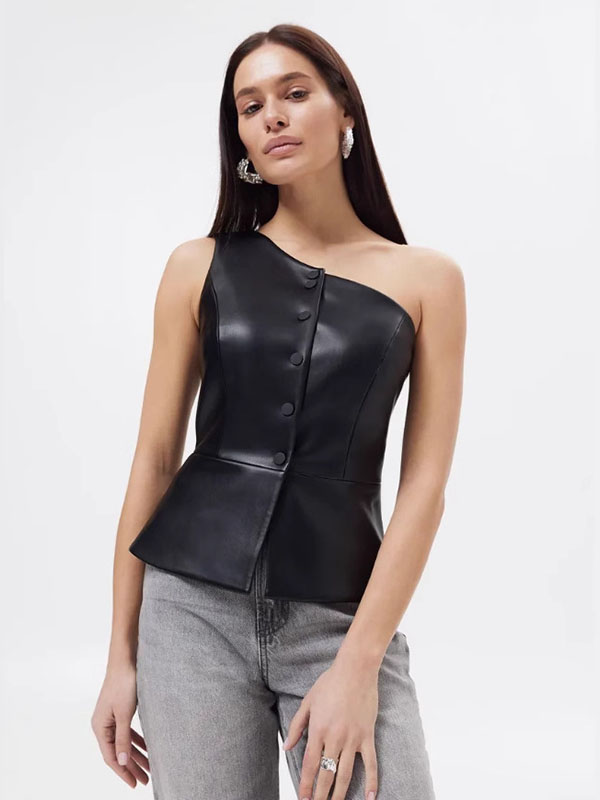 Women Sexy Faux Leather One Shoulder Tops