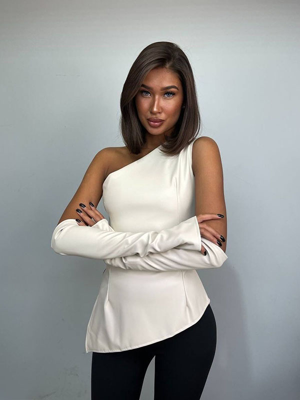 Women Sexy Faux Leather One Shoulder Tops