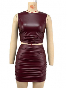 Women Sexy Faux Leather 2 Pcs Mini Dress