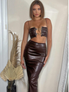 Women Sexy Faux Leather 2 Pcs Mini Dress