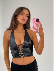 Women Sexy Faux Leather Halter Vest