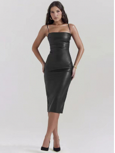 Women Sexy Faux Leather Lace Up Maxi Dress