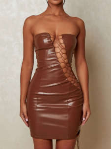 Women Sexy Faux Leather Lace Up Mini Dress