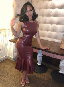 Women Sexy Faux Leather Maxi Dress