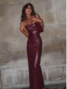 Women Sexy Faux Leather Maxi Dress