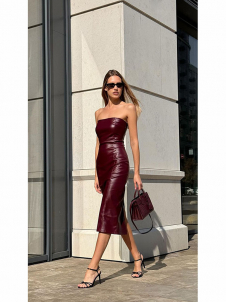 Women Sexy Faux Leather Off Shoulder Maxi Dress