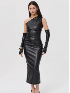 Women Sexy Faux Leather Off Shoulder Maxi Dress