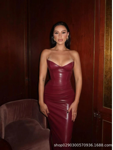 Women Sexy Faux Leather Off Shoulder MaxiDress