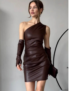 Women Sexy Faux Leather Off Shoulder Mini Dress