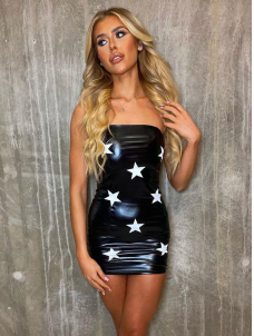 Women Sexy Faux Leather Off Shoulder Mini Dress