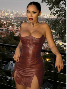 Women Sexy Faux Leather Off Shoulder Mini Dress