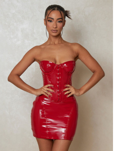 Women Sexy Faux Leather Off Shoulder Mini Dress