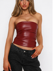 Women Sexy Faux Leather Off Shoulder Tops