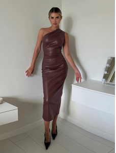 Women Sexy Faux Leather One Shoulder Maxi Dress