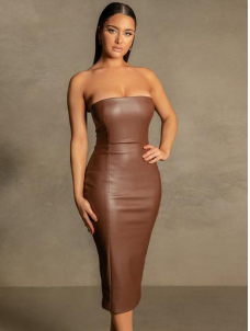 Women Sexy Off Shoulder Faux Leather Midi Dress